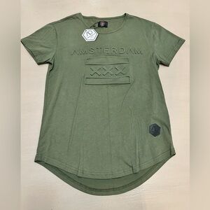 Amsterdam Designs Women’s Olive Green T-Shirt 100% Cotton Size Small 3D Embossed